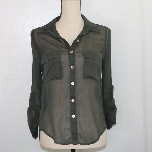 "About a Girl" Sheer Olive Green Button-Down Shirt - Size Small - Picture 2 of 11